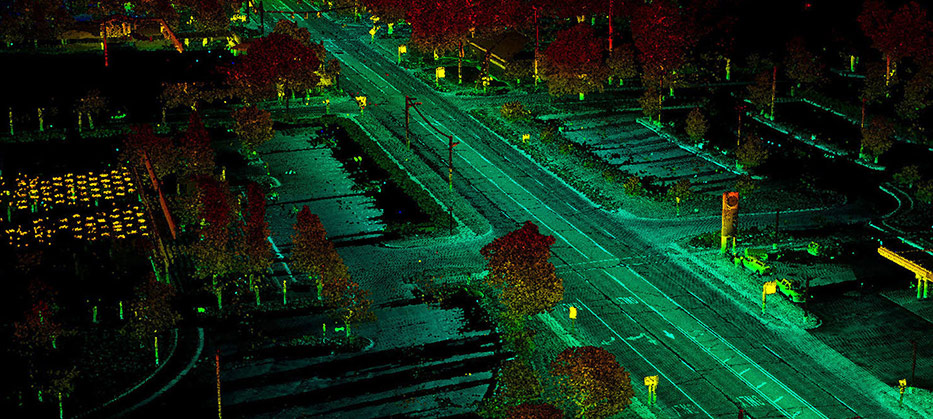 lidar image of a street and surrounding buildings and parking lots